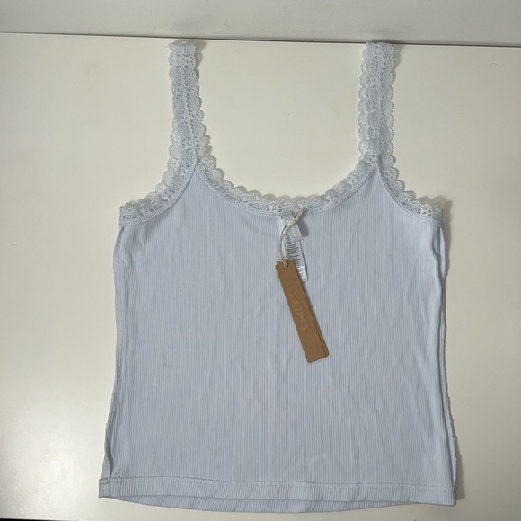 Skims Soft Lounge Lace Trim Ribbed Camisole Cami Shirt in Mineral Blue - Picture 10 of 13